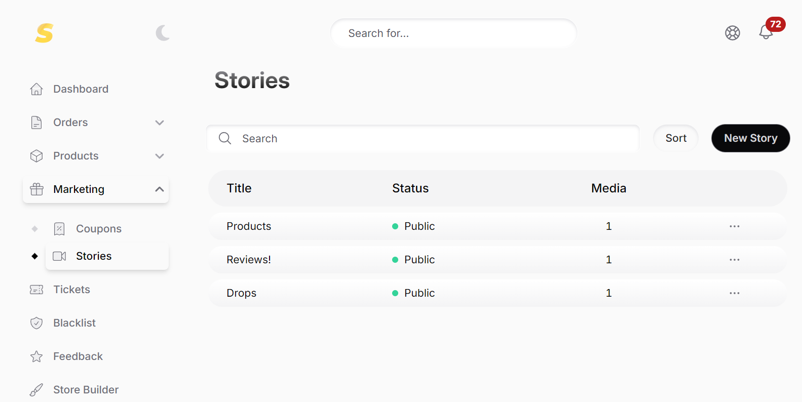 Stories in Dashboard